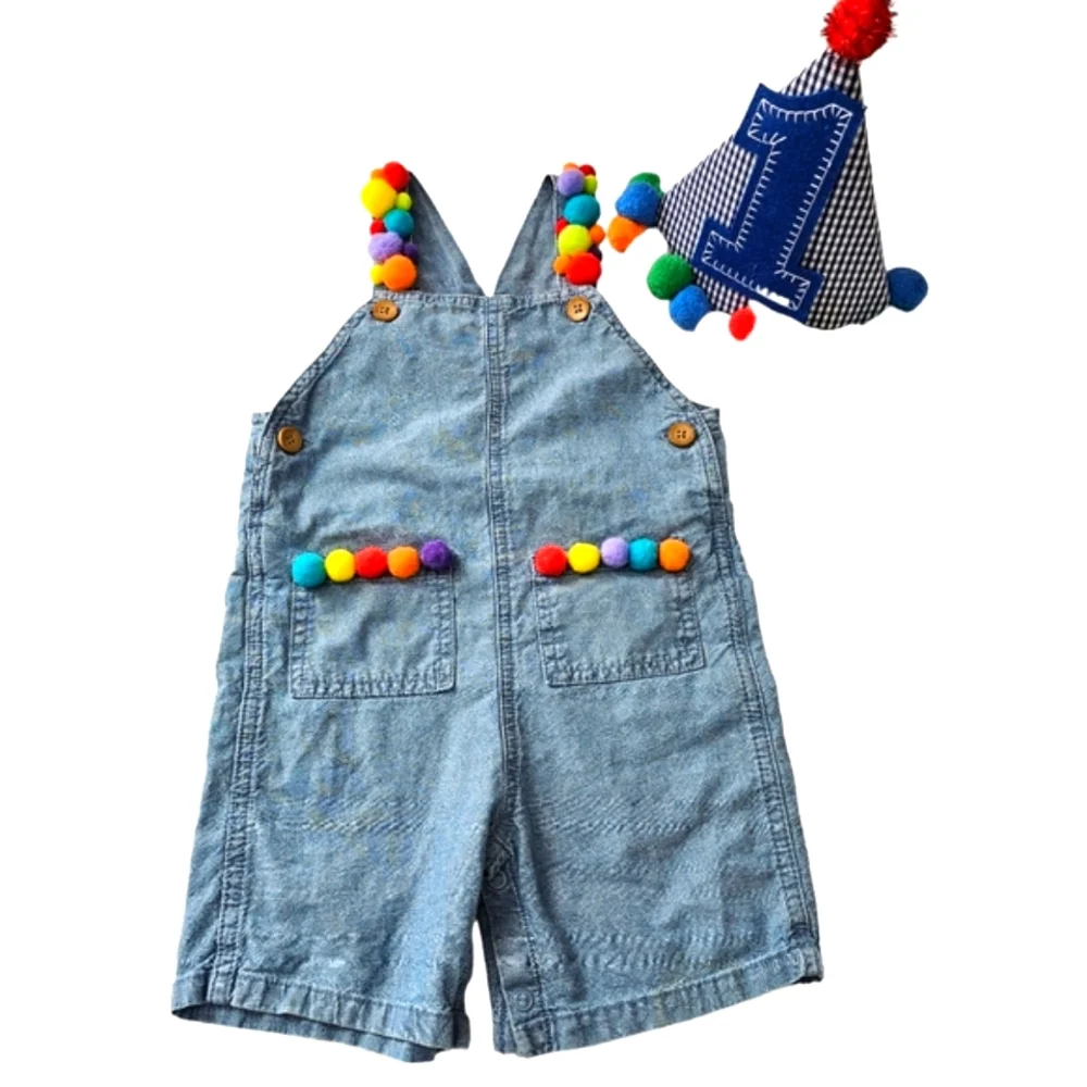 1st Birthday Set Pom Pom Overalls,Gingham Hat,Red Wooden 1 ,HighChair+Gift Table